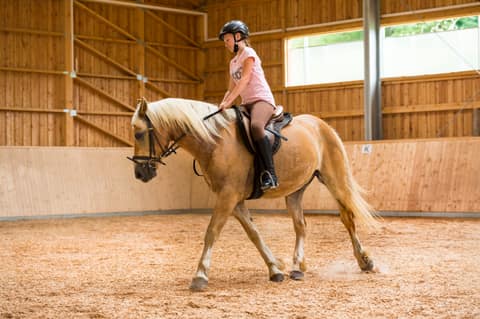 Kind reitet ein Haflinger-Pony in der hoteleigenen Reithalle